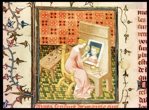 Sint Marcia (gest.632) schildert een zelfportret, uit De Claris Mulieribus, door Giovanni Boccaccio (1313-75) door French School