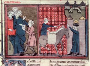 Ms Fr 22495 Fol.37v Een boodschapper wordt gestuurd om Antiochië te redden, uit Le Roman de Godefroi de Bouillon, 1337 door French School