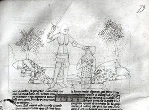 Ms Fr 343 f.79 Een ridder bewapenen op een slagveld, uit Lancelot du Lac