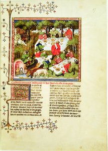 Jagers die feestvieren voor de hertenjacht, uit Livre de la Chasse door Gaston Phebus de Foix (1331-1391)