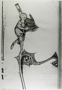Muzikant die een draagbaar orgel bespeelt, uit de Geschiedenis van Merlin, c.1280-90