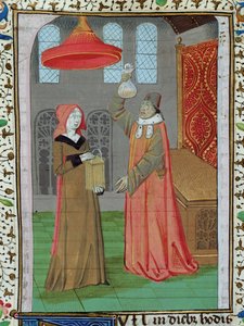 Ms H 7 fol.164r Een dokter onderzoekt de urine van St. Elizabeth om te zien of ze zwanger is, uit de Bijbel van Jean XXII door French School