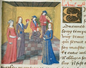 Muziek en het hof maken, uit Les Cent Nouvelles Nouvelles, 1462
