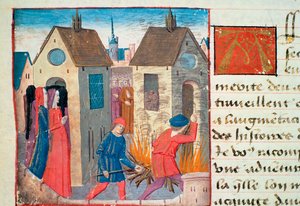 Ms Hunter 252 f.75v Brandend huis, uit Les Cent Nouvelles Nouvelles, 1462