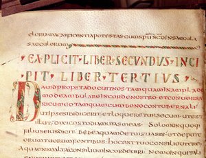 Ms Lat 1732 Fol.67v Geïllustreerde initiaal D, uit een werk van Sint Ambrosius (340-396) door French School