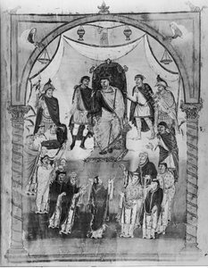 Koning Karel II (823-877) ontvangt een Bijbel van Graaf Vivian en de monniken van Saint-Martin de Tours, uit de Eerste Bijbel van Karel de Kale, ca.843-51