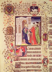 Jean de France, Hertog van Berry wordt door St. Peter naar de Hemelpoort geleid met een gehistorieerde initiaal `D van St. Peter en Jean de Berry in gebed, uit de Grandes Heures de Duc de