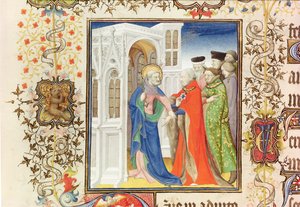 Sint Petrus leidt Jean de France (1340-1416) Hertog van Berry naar het paradijs, uit de Grandes Heures de Duc de Berry, 1409