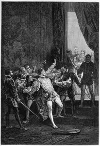 Moord op David Rizzio (Davide) in aanwezigheid van Mary Stuart (Marie Iere) (1542-1587) - gravure in 