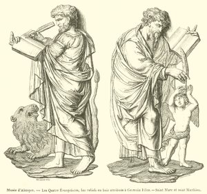 Museum van Alençon, De Vier Evangelisten, bas-reliëfs in hout toegeschreven aan Germain Pilon, Sint Marcus en Sint Matteüs (gravure) door French School