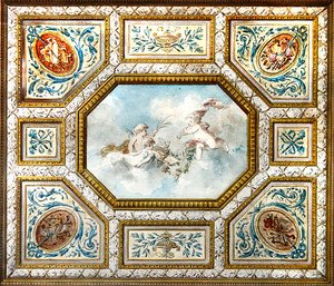 Plafond van de muziekkamer met putti die instrumenten bespelen door French School