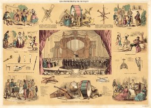 Muziekinstrumenten (kleur litho) door French School