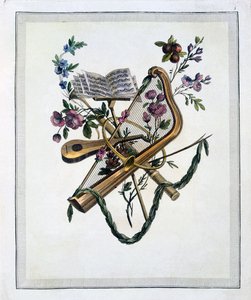 Muziekinstrumenten, uit een boek met gegraveerde platen van Oppenords ontwerpen, gepubliceerd 1745 door French School