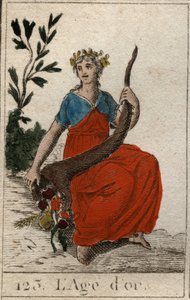 Mythe van de Tijdperken van de Mensheid: afbeelding van het Gouden Tijdperk, als een jonge maagd met perfecte schoonheid, gekroond met bloemen en met een hoorn des overvloeds. door French School