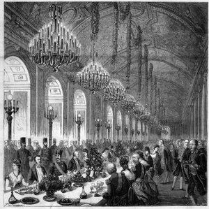 Nasir Al-Din (Nasser al-Din) (1831-1896) Shah van Perzië in Versailles. Banket in de ijsgalerij. aan zijn linkerzijde Albert, hertog van Broglie (1821-1901).