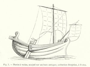 Zeilschip, gebeeldhouwd op een antiek bad; collectie Borghese, Rome (gravure)