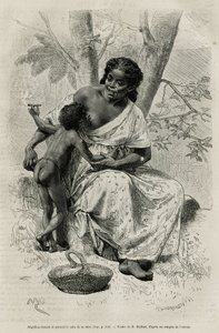 Negillon rookt en drinkt bij haar moeder, in de Darien-regio (oostelijk Panama), gravure naar een tekening van D.Maillart, ter illustratie van het verhaal Exploratie bij de isthmus van Panama en Darien, door A. Reclus, luitenant van schip, 1876-1878 door French School