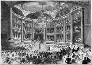 Neoklassieke architectuur: uitzicht op de hal van het Grand Theatre van Bordeaux (1773-1780) ter gelegenheid van het bal gegeven voor het bezoek van keizer Napoleon III en keizerin Eugenie de Montijo. Bordeaux, Gironde (33)