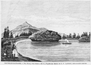 Nieuw-Caledonië, Isle of Pines, Pic Nga gezien vanaf Kuto, naar een tekening door Reverend Father Lambert, een Marist missionaris, illustratie uit het bulletin Les Missions Catholiques, 1893