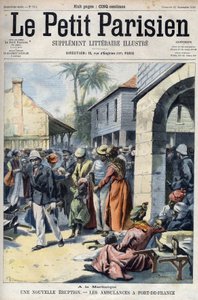 Nieuwe vulkaanuitbarsting van de Montagne Pelee vulkaan in Martinique: ambulances in Fort-de-France. Gravure in "Le Petit Parisien" door French School