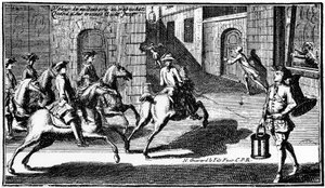 Nacht dief achtervolgd door de wachter - gravure door French School