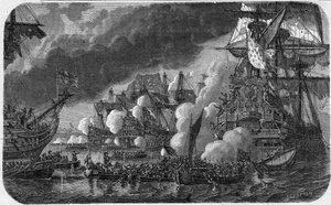 Negenjarige Oorlog (Oorlog van de Liga van Augsburg) (1688-1697): de Slag bij de Hougue op 19/05/1692 tussen de Anglo-Nederlandse vloot en de Franse vloot van Vice-admiraal Anne Hilarion de Costentin (Cotentin), Graaf van Tourville (1642-1701). Zij zag de 