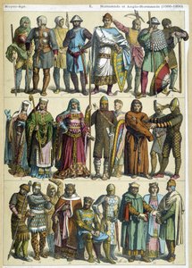 Normandische en Anglo-Normandische burgerlijke, religieuze en krijgerskostuums (1066-1200) - gravure