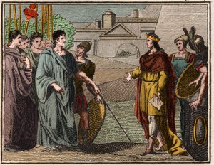 Numa Pompilius, legendarische tweede koning van Rome, retourneert het heilige schild aan de priesters van Mars. door French School