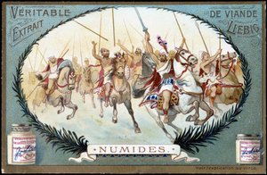 Numidië in de oudheid: Numidisch ruiterspel. Liebig chromolithografie eind 19e eeuw