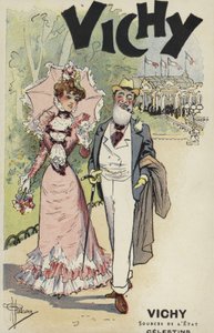 Oude man en jong meisje wandelen, advertentie voor Vichy door French School