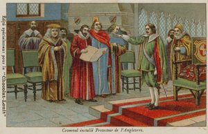 Oliver Cromwell beëdigd als Lord Protector van Engeland, Schotland en Ierland, 1653 door French School