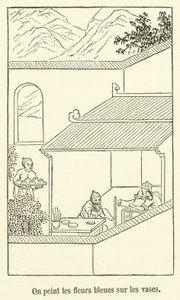 Men schildert de blauwe bloemen op de vazen (gravure)