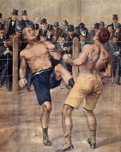 Een van de eerste savate-wedstrijden, Frans boksen, gevochten in Parijs in 1899 (kleurgravure)