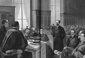 Opening van de zittingen van de Liga van Patriotten in 1889. President Gillet, Naquet, Laisant, Laguerre, Deroulede, Richard, Turquet, Gallian. door French School