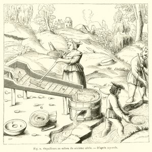 Goudzoekers in het midden van de zestiende eeuw (gravure)