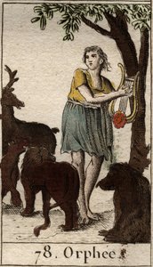 Orpheus betovert de wilde dieren door op zijn lier te spelen. Uit 