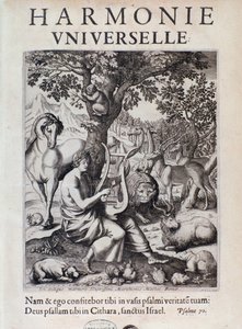 Orpheus speelt voor dieren. Frontispice van Harmonie universelle door Marin Mersenne door French School