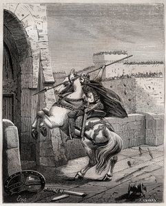 Otto II, Heilige Roomse Keizer voor Parijs - Otto II van het Heilige Rijk, bekend als de Roux (955-983) irriteert zich omdat hij Parijs niet kan binnendringen (Belegering van Parijs, 978), nadert de stadsmuren om zijn speer in de deur te planten - gravure 