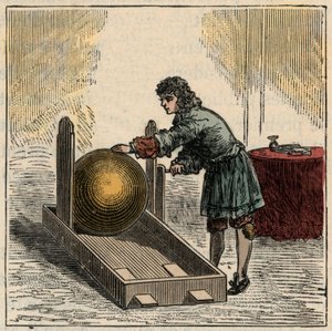 Otto von Guericke (1602-1686), Duitse natuurkundige, bedient de eerste statische elektriciteitsgenerator - Statische machines: Otto von Guericke (Otto de Guericke door French School