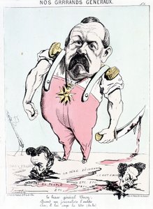 Onze grote generaals: de dappere Generaal Vinoy als een journalist hem lastigvalt, knak, hij hakt zijn hoofd eraf. Cartoon over Vinoy en de Commune. door French School