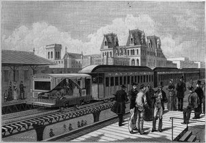 Overzicht van het verhoogde spoorwegstation en elektrische trein in New York, VS. Gravure in 
