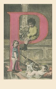 P: Een kind met een lange pijp, een ander met een kruiwagen, een baby liggend op zijn buik door French School