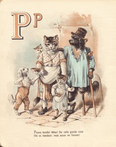 P: Puppy, armoede Arme familie! Ach! Op deze hoge weg gaat ze bedelen; maar niemand luistert naar haar.