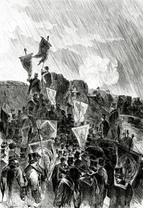 Pacifistische demonstratie op de vestingwerken door vrijmetselaars op 28 april 1870 om het bombardement van Parijs te eisen, uit Le Monde Illustré, 5 mei 1870
