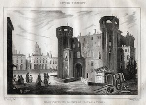 Paleis van Aosta op de Place du Chateau in Turijn - Gravure uit 