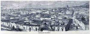 Panorama van Puebla, Centraal Mexico, uit De oude steden van de Nieuwe Wereld, door Claude-Joseph-Desire Charnay, uitgegeven 1887 door French School