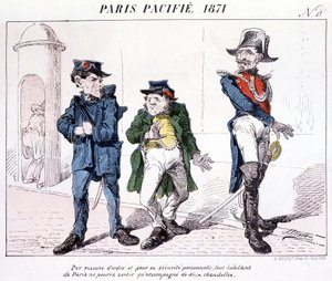 Parijs Gepacificeerd 1871 - Als een maatregel van orde en persoonlijke veiligheid mag elke inwoner van Parijs alleen met twee kaarsen naar buiten. Cartoon over de Commune