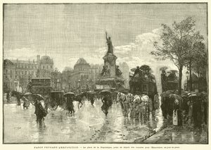 Parijs tijdens de tentoonstelling, het Place de la République, vertrekpunt van de wagens naar de tentoonstelling, een regenachtige dag