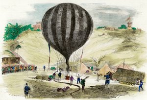 Belegering van Parijs in 1870: uitzicht op een van de ballonnen die werden gebruikt voor communicatie met de buitenwereld, geplaatst op Place Saint Pierre (Montmartre) in Parijs. Gravure uit 1870 Privécollectie