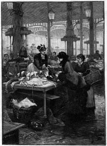 Parijse scène in de 19e eeuw: een visverkoper en een klant bij Halles central. Gravure door Derbier naar het schilderij van Gilbert. Eind 19e eeuw. In 